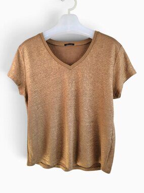 IKKS M Gold Metallic 100% Linen V Neck Short Sleeve T Shirt Shimmer French Chic